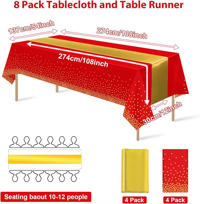 8Pack Disposable Plastic Party Tablecloths and Satin Table Runner Set Red and - Image 2