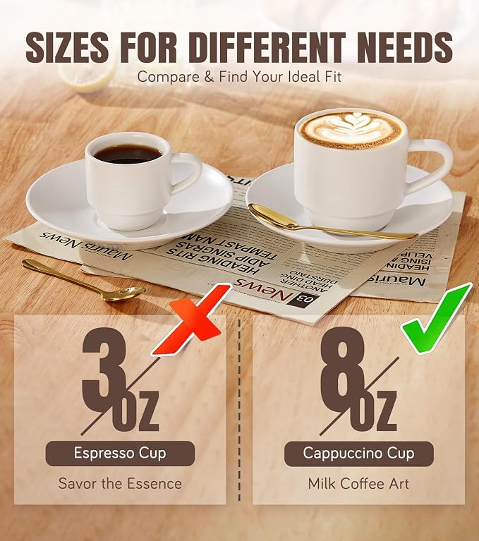 Lareina 8 Ounce Porcelain Cappuccino Cups Set of 4, Stackable Coffee Cups - Image 9