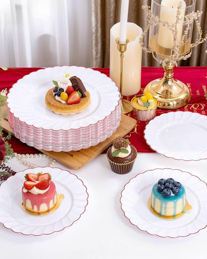 YOUBET 60PCS Red Scalloped Plastic Plates - Image 5