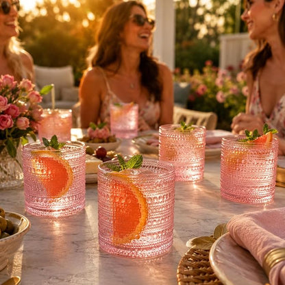 Khen Hobnail Beaded Highball Drinking Tumbler Glasses | Set of 6 | Pastel Pink - Image 6