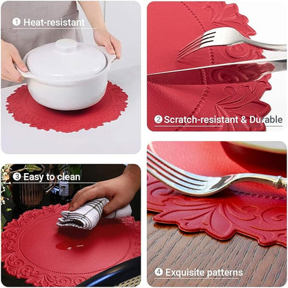 Noctiflorous Round Faux Leather 15 Inch Placemats Set of 6 Waterproof Wipeable Heat Resistant Tablemat for Dining Table Kitchen Non Slip Washable Oilproof Table Place Mat(Holly Red, 6)