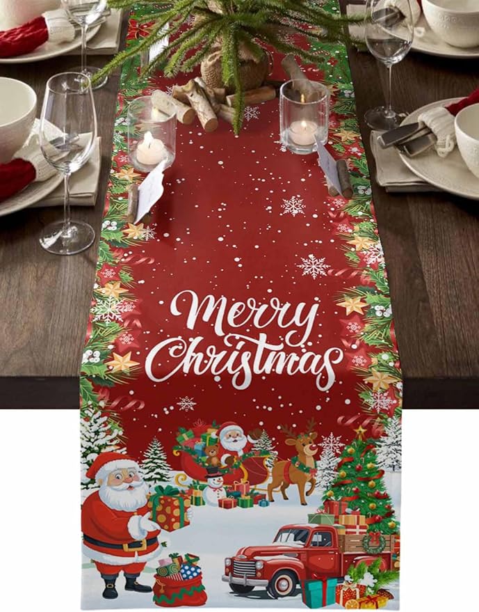 Merry Christmas Table Runner 72 Inches Long, Santa Xmas Tree Snowflake Table by Unknown