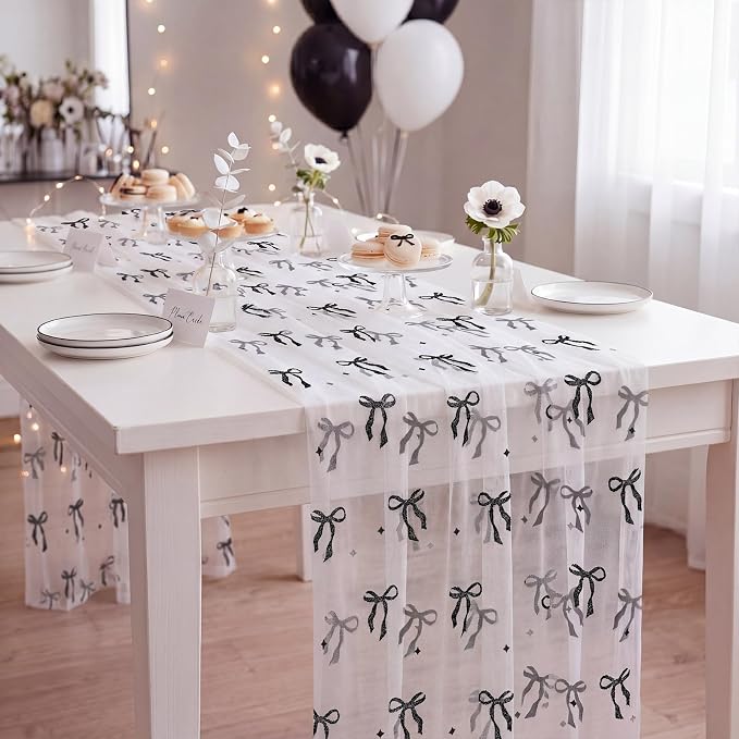 4 Pcs Black Bow Table Runners 29 x 70 Inch White Tulle Lace Table Runner - Image 5