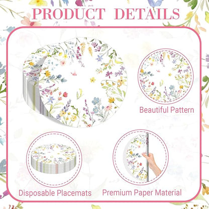 50PCS Floral Disposable Paper Placemats 13.5 Inch Flowers Placemats Pastel Watercolor Round Table Mats for Spring Weddings, Brunch & Garden Parties