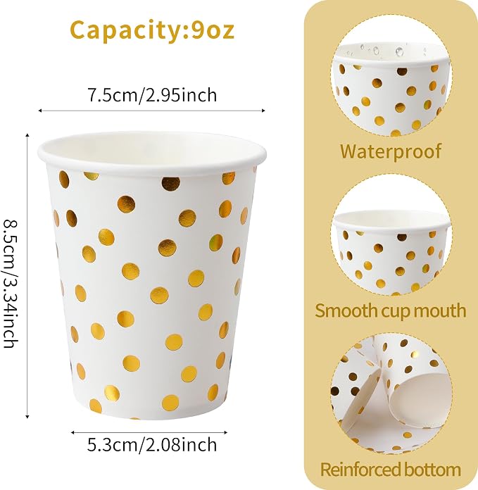 120 Pack White And Gold Paper Cups-9 oz Disposable Paper Cups - Image 2
