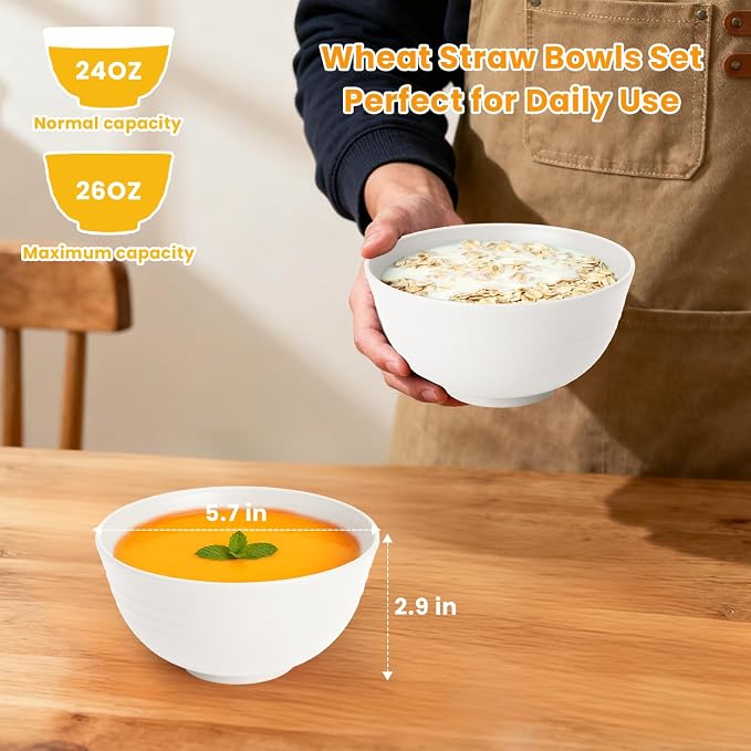 Wheat Straw Cereal Bowls Plastic Bowls Alternatives 26 OZ Unbreakable Soup Bowls - Image 2