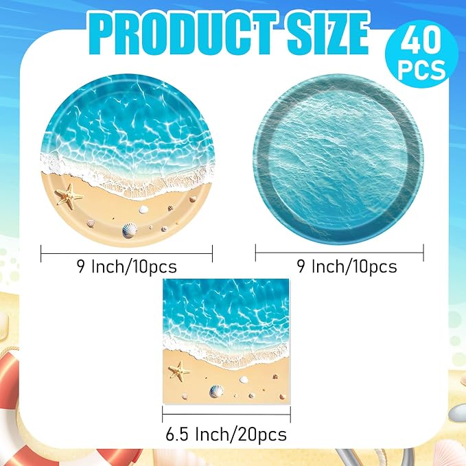 40 Pcs Summer Beach Plates and Napkins, Ocean Waves Desserts Plates and Beach - Image 2