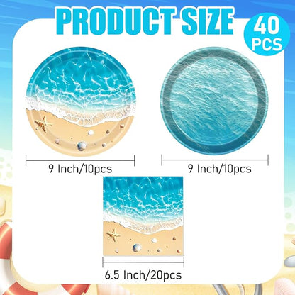 40 Pcs Summer Beach Plates and Napkins, Ocean Waves Desserts Plates and Beach - Image 2