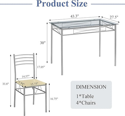 VECELO Dining Table Set for 4, 5-Piece Glass Kitchen Table with Chairs for Small Space, Breakfast Nook, Space-Saving, Silver