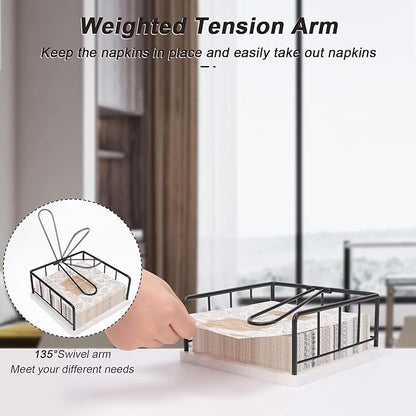 Livabber Flat Napkin Holder, Metal Kitchen Napkin Storage with Weighted Tension Arm Rustic Tissue Paper Dispenser for Countertop, Table Kitchen, Dining Room (With Marble Base, Black)