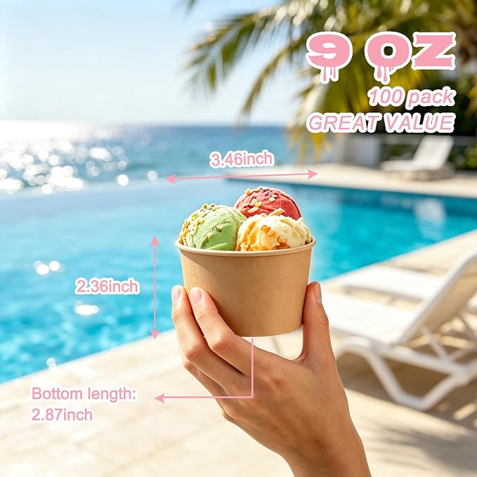 Disposable Kraft Ice Cream Bowls 100 Count - 9 oz Paper Sundae Cups | Party - Image 2