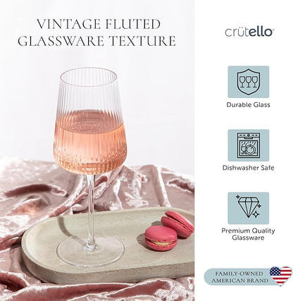 Crutello Modern Wine Glasses 17 oz Glassware, Set of 4, Unique Fluted Glassware with Vintage Ripple Texture, Art Deco Red or White Wine Fancy Glasses