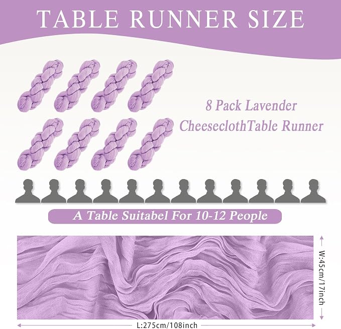 8 Pack Lavender Cheesecloth Table Runner 17x108 inch Boho Gauze Cheese Cloth - Image 2