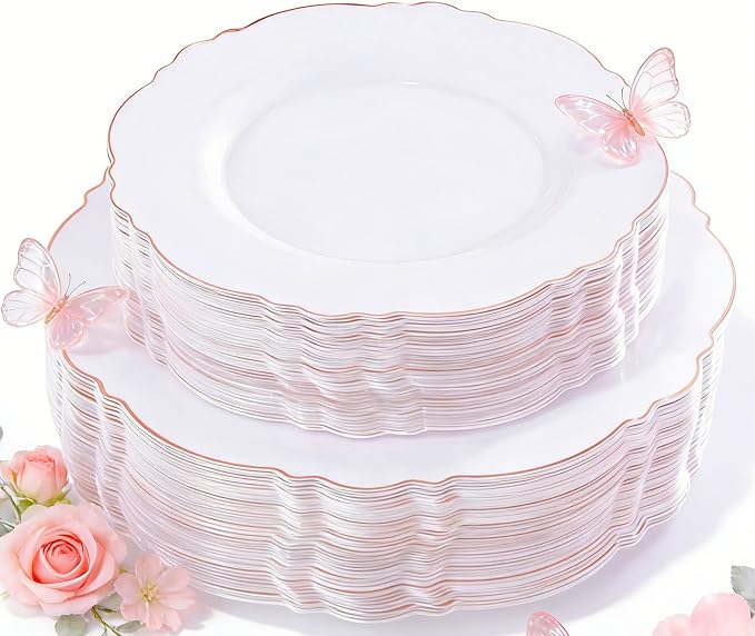 100pcs Rose Gold Plastic Plates-Baroque White &Rose Gold Disposable Plates by WDF