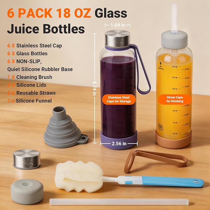 Sursip 18 oz Glass Water Bottles, 6 Pack | BPA-Free Reusable, Measurement - Image 2