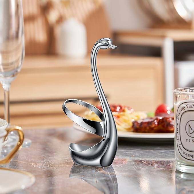 AnSaw Silver Swan Base With 10-Pcs Mini Leaf Coffee Spoon Holder Set-4.7" | - Image 5