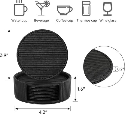 6 Pcs Premium Leather Coasters with Holder, Tabletop Protection, Coffee Table & Bar Decoration, Modern-Style Drink Coasters Suitable for Home Dining Tables & Kitchen Accessories (Black Stripe)