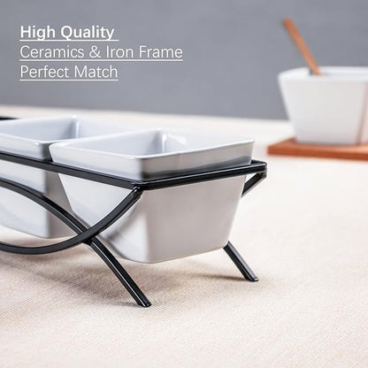 UNICASA Square Ramekin Bowls 10 oz, Condiment Serving Tray with Metal Rack Stand - Chips and Dips Snack Tray for Party - White Side Dish for Appetizer, Fruit, Nuts, Ice Cream, Candy
