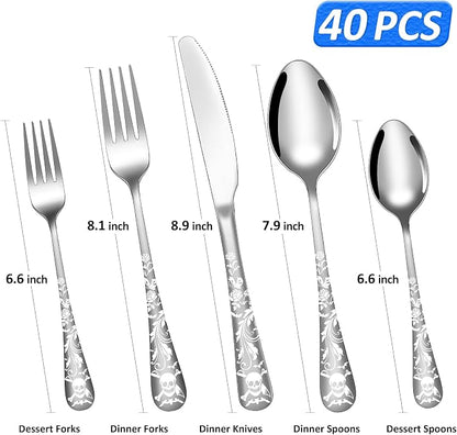 Skull Pattern Silverware Set for 8, OIULO 40-Piece Pirate Pirate Rose Flatware - Image 2