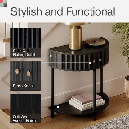 Entryway Table Fluted Half Moon Console - Semicircular, Black Oak Veneer - Hidden Storage with Two Fluted Doors & Brass Knobs - Modern Narrow Console Table for Living Room & Hallway
