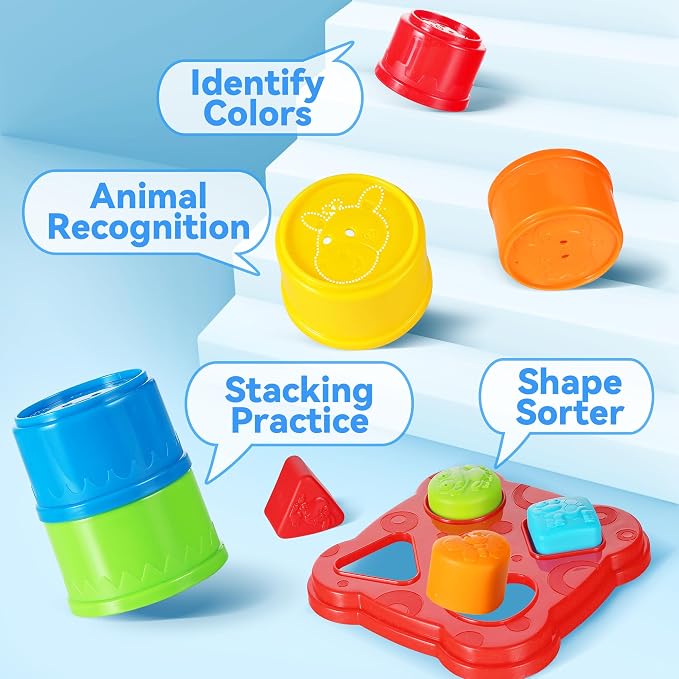iPlay, iLearn Baby Stacking Cup Toy, Toddler Stackable Block w/Shape Sorter | - Image 3