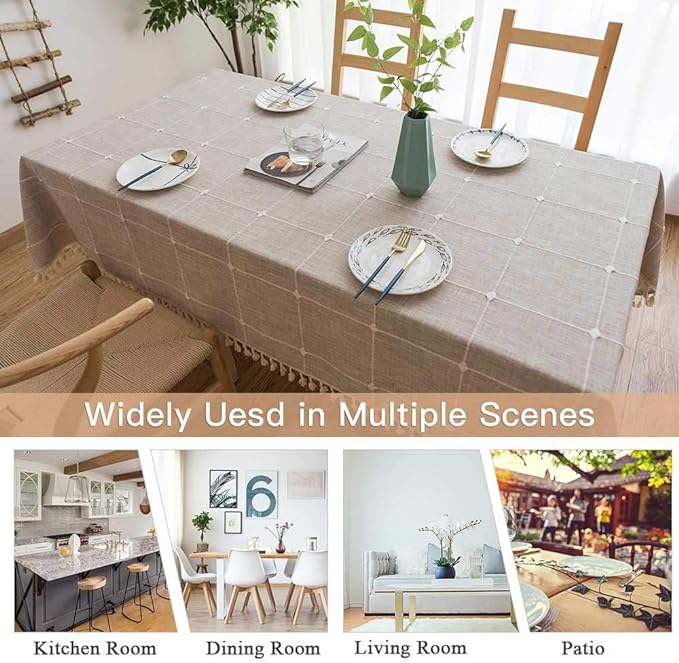 Deep Dream Tablecloths, Embroidered Waterproof Table Cloth Cotton Linen Wrinkle Free Anti-Fading Table Cover Decoration for Kitchen Dinning Party Christmas, 55 x 102 Inch - Light Brown