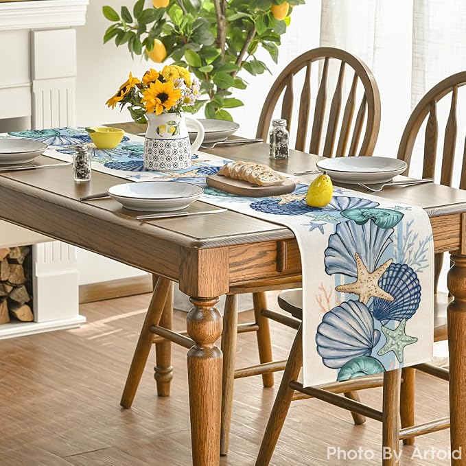 Artoid Mode Sea Shell Starfish Summer Table Runner, Spring Ocean Kitchen Dining - Image 4