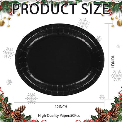 50Pcs Black Oval Paper Plates Decorations 10" x 12" Large Heavy Duty Disposable Black Paper Platters Birthday Party Decorations for BBQ Easter New Year Holiday Lunch Dinner Party Supplies Table Deco