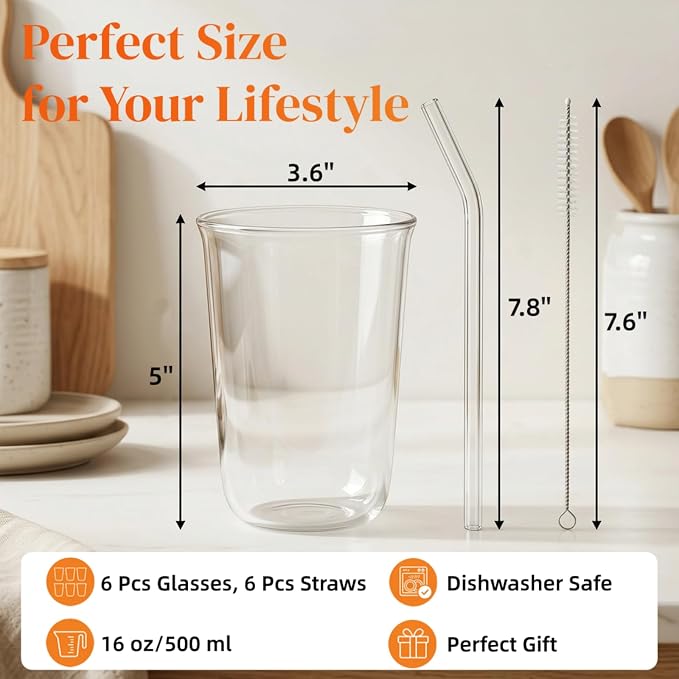6 Pieces Drinking Glasses with Straw, 16 Oz Clear Water Glass Set | Lead-free - Image 2