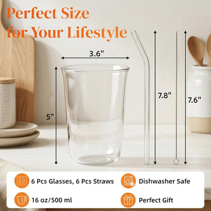 6 Pieces Drinking Glasses with Straw, 16 Oz Clear Water Glass Set | Lead-free - Image 2