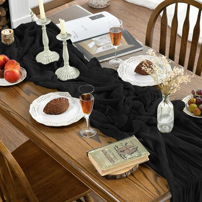 Artoid Mode Boho Cheesecloth Gauze Black Wedding Table Runner, 120 Inch - Image 2