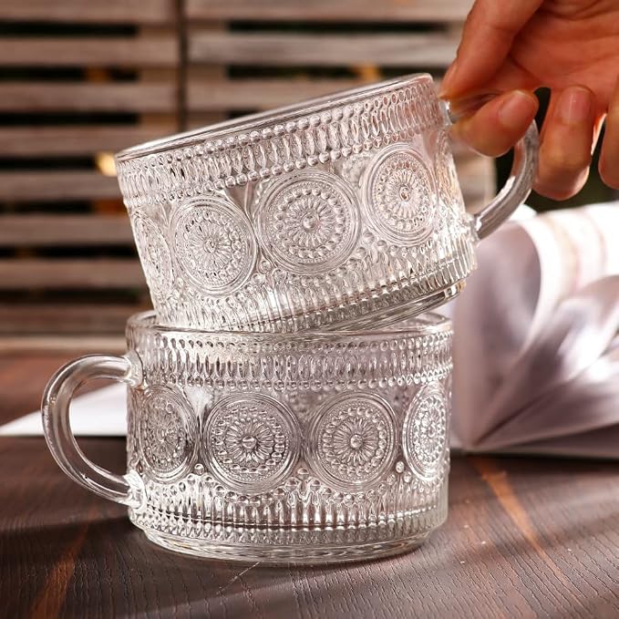 Vintage Glass Coffee Mugs Set of 4, 14 Ounces Embossed Glass Coffee Cups - Image 8