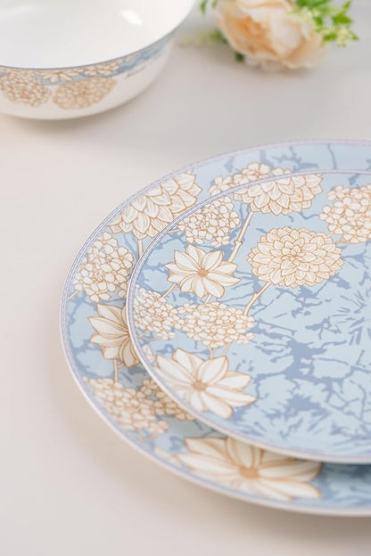 High Bone China Dinnerware Set, 12-Piece Artistic Blue Plates and Bowls, Lightweight & Chip Resistant Ceramic Service for 4, Dishwasher Safe Elegant Kitchen Dining
