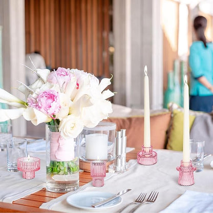 Taper Votive Candle Holder for Pillar Candles Tealight, Candlestick Holder for Wedding Christmas Tea Party, Boho Ribbed Vintage Crystal Glass Table Centerpiece Decor, Bulk Set of 6 (Pink)