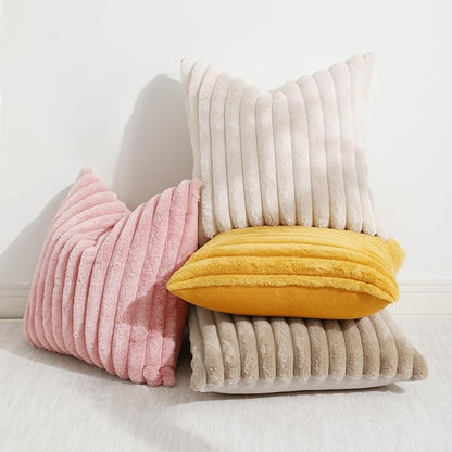 decorUhome Cozy Faux Fur Spring Throw Pillow Covers 20x20 Set of 2 Decorative Soft Plush Striped Modern Farmhouse Boho Couch Pillow Cases with Velvet Back for Sofa Bed Living Room, Beige