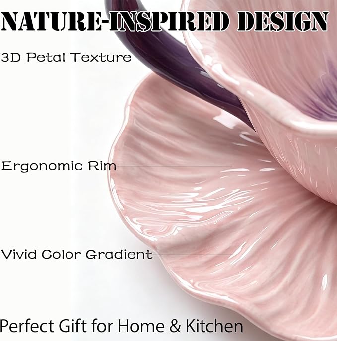 10 oz Tea Cups and Saucers, Flower-Shaped Ceramic Latte Art Cappuccino Cup and - Image 3