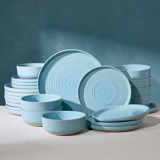 Dinnerware Sets for 8, Ceramic Plates and Bowls, Ice Blue | 24-Piece Ceramic by FamiwarePremium