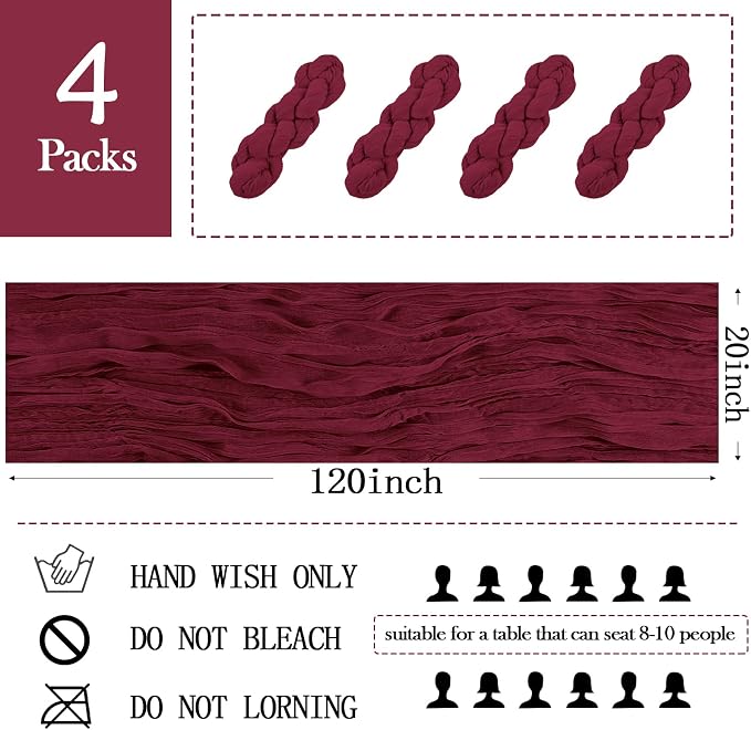 4 Pack Burgundy Cheesecloth Table Runner 20 x 120 inch Gauze Table Runners 10 - Image 2