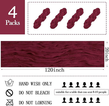 4 Pack Burgundy Cheesecloth Table Runner 20 x 120 inch Gauze Table Runners 10 - Image 2