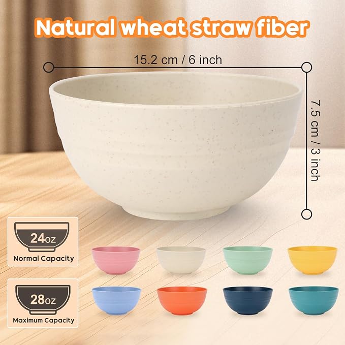 Unbreakable Cereal Bowls Set of 8, 26 Oz Wheat Straw Bowl Sets, Microwave & - Image 2