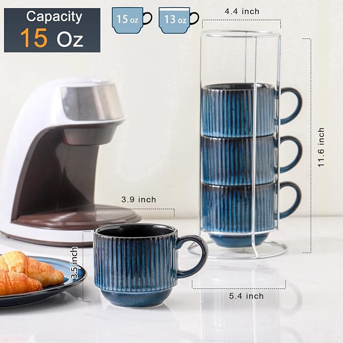 HASENSE 15 Oz Ribbed Stackable Coffee Mug Set of 4, Ceramic Latte Cups - Image 3