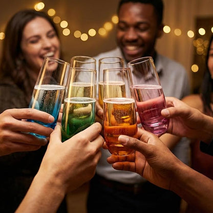 ColoVie Stemless Champagne Glasses Set of 6- Colored Champagne Flutes- Wedding Toasting Glass- Bridesmaid Gift- Mimosa Glass- Crystal Bar Glassware- Birthday Cocktail Party, 9.6oz