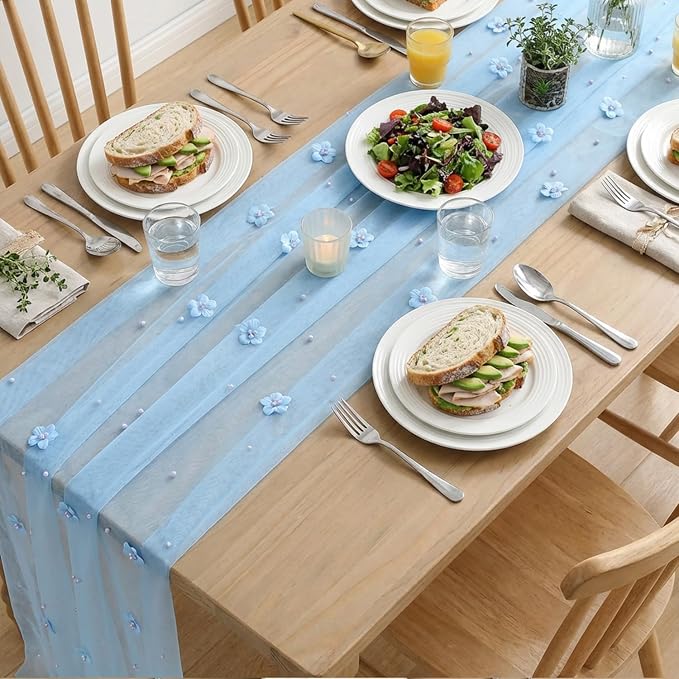 Artoid Mode Blue Flower Pearl Blue Gauze Table Runner 10FT, Seasonal Sheer - Image 5