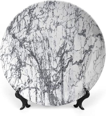 Ceramic Plates, Abstract Decorative Ceramic Plates, Murky Marble Rock Motifs Dynamic Fractal, 6 Inch, for Dining, Parties, Wedding, Grey White