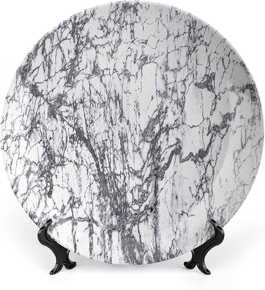 Ceramic Display Plate, Abstract Ceramic Hanging Decorative Plate, Murky Marble Rock Motifs Dynamic Fractal, 7 Inch, Living Room Kitchen Decoration Household, Grey White