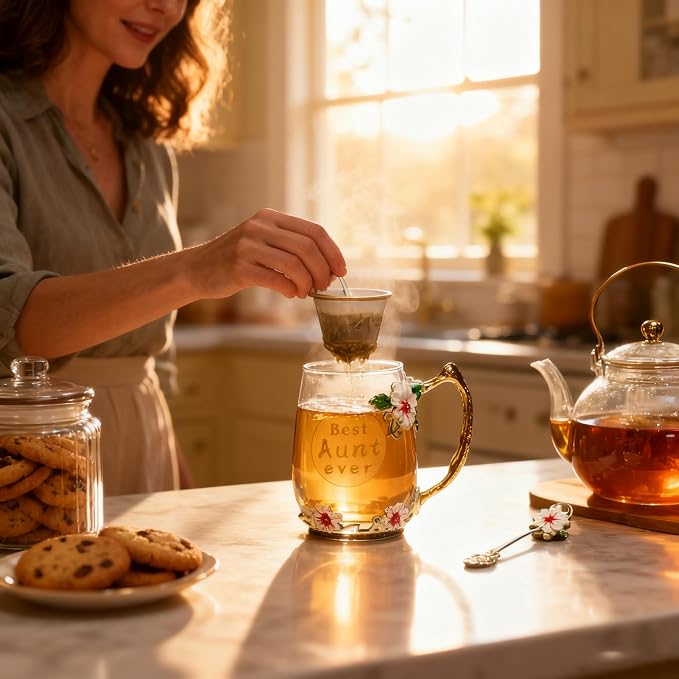 Best Aunt Ever Printed Flower Tea Glass - Image 4