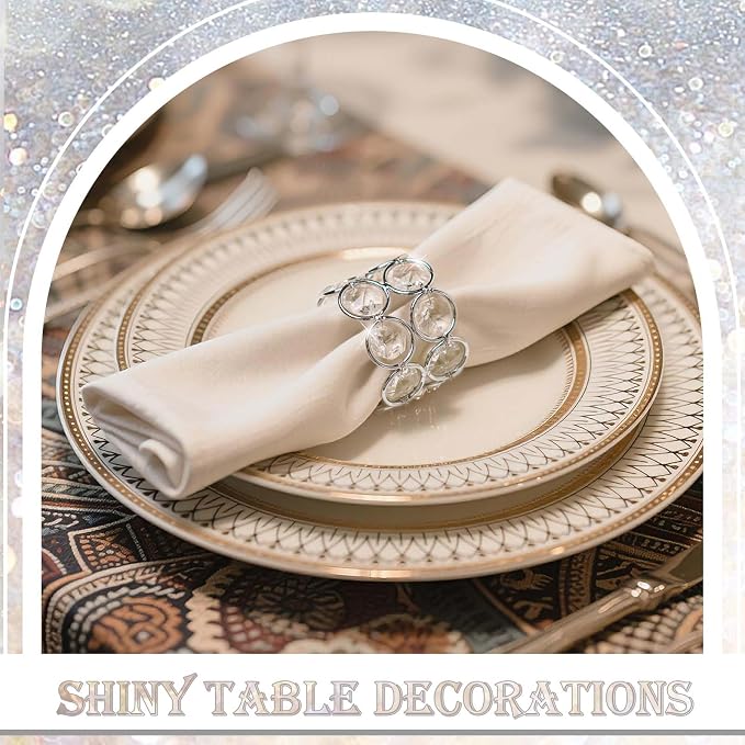 Crystal Metal Napkin Rings Set, Elegant Wedding/Party Table Decor, Shiny - Image 3