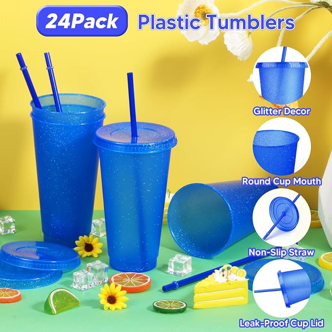 24 Pack Plastic Tumblers with Lids and Straws, Reusable Colorful Cups - Image 3