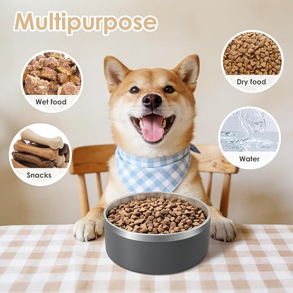 IKITCHEN Dog Bowl for Food and Water, 40 Oz Stainless Steel Pet Feeding Bowl, Durable Non-Skid Insulated Heavy Duty with Rubber Bottom for Medium Large Sized Dogs (40 Ounces/5 Cup, Grey)