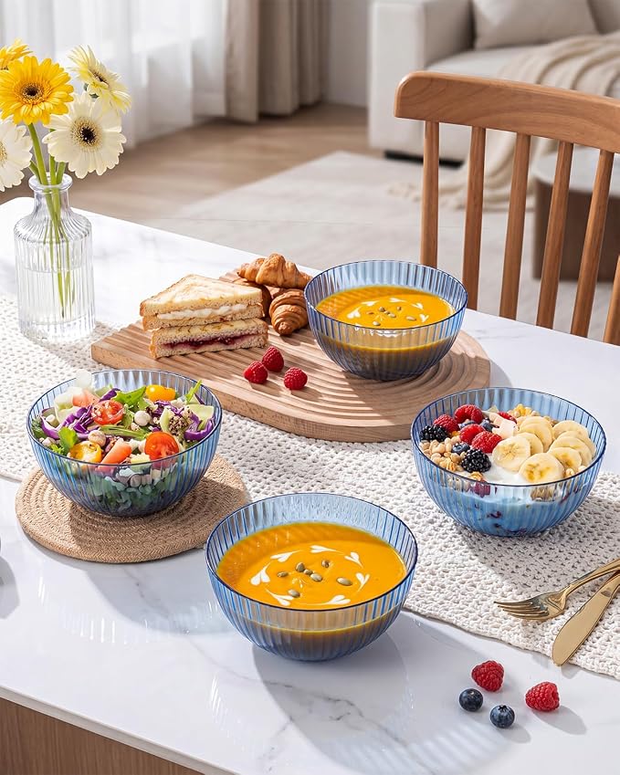 bUCLA 12 PCS Plastic Cereal Bowls Set - 28 Oz Clear Blue Disposable Vertical - Image 3